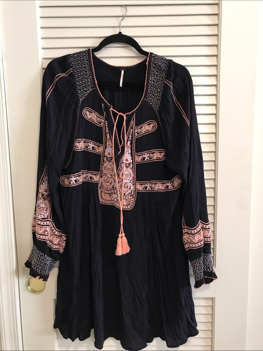 NWOT Free People Black & Peach Embroidered Peasant Dress - Lg